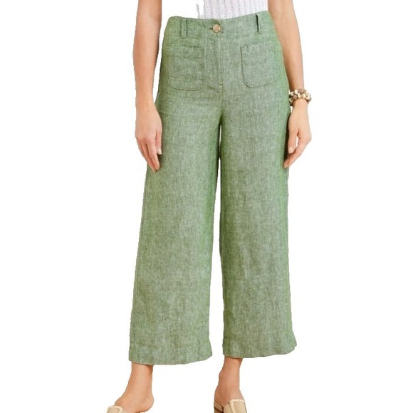 Talbots Pants - Talbots Wide Crop Patch Pocket Washed Linen Pants Olive Grove/White 14WPlus